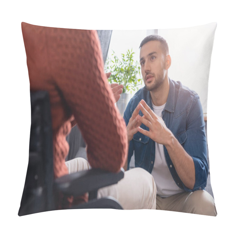 Personality  Young Hispanic Man Talking To Handicapped Father In Wheelchair On Blurred Foreground Pillow Covers