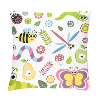 Personality  Background With Cartoon Insects, Flowers, Leaves, Apple And Pear Pillow Covers