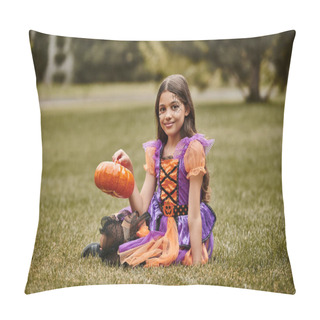 Personality  Joyful Girl In Halloween Costume Sitting On Green Grass And Holding Decorative Pumpkin Pillow Covers