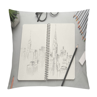 Personality  Sketch Of Cityscape In Notebook, Pencils, Eraser And Glasses On Grey Table, Flat Lay Pillow Covers