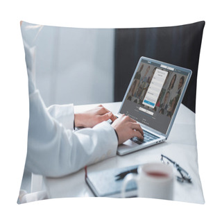 Personality  Cropped View Of Woman Using Laptop With Linkedin Website On Screen At Office Desk Pillow Covers