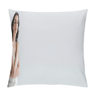 Personality  Young Brunette Model Looking At Camera Isolated On Grey, Banner  Pillow Covers