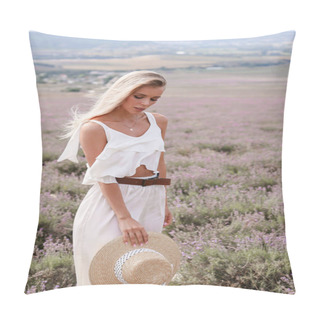 Personality  Fashion Outdoor Photo Of Beautiful Sensual Girl With Blond Hair In Elegant White Dress And Straw Accessories Posing In Provence Lavender Field Pillow Covers