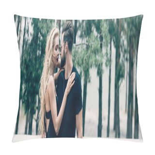 Personality  Young Couple Of Bikers Tenderly Embracing Near Black Motorcycle On Road Near Green Forest, Panoramic Shot Pillow Covers