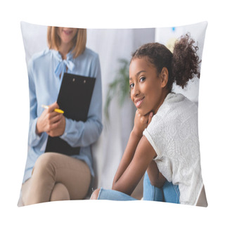 Personality  Happy African American Girl Looking At Camera During Consultation With Blurred Psychologist On Background Pillow Covers
