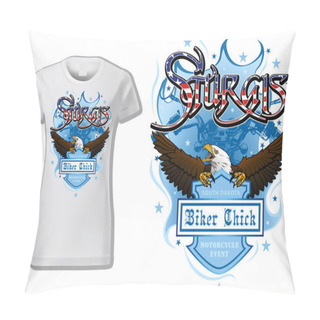 Personality  T-shirt Design Sturgis With Bald Eagle And Blue Coat Of Arm And Blue Motorcycle Drawing - Colored Illustration Isolated On White Background, Vector Pillow Covers