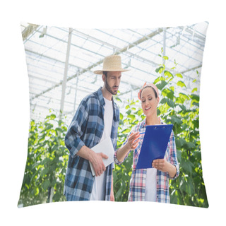 Personality  Smiling African American Farmer Pointing At Clipboard Near Colleague With Digital Tablet  Pillow Covers