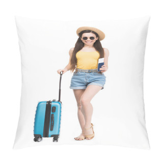 Personality  Happy Female Traveler With Passport, Air Ticket And Baggage, Isolated On White  Pillow Covers
