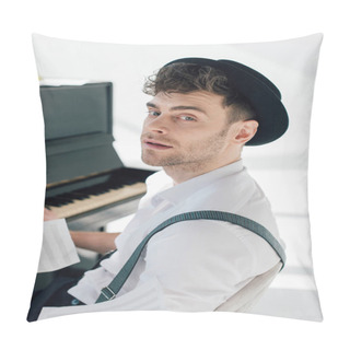 Personality  Selective Focus Of Handsome Musician Sitting By Piano And Looking At Camera  Pillow Covers