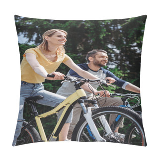 Personality  Smiling Couple Riding Bicycles At Park Pillow Covers