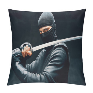 Personality  Fighting Ninja Posing With A Sword Over Black Background Pillow Covers