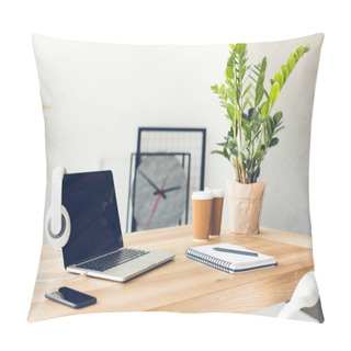 Personality  Design Of Workplace In Home Office With Modern Equipment And Objects Pillow Covers