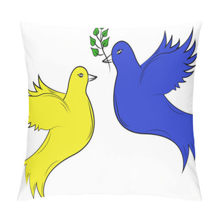 Personality  Illustration Of Peaceful Blue And Yellow Doves Isolated On White Pillow Covers