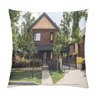 Personality  Spacious House With Brick Walls And Modern Design In Cottage City, Green Lawn, Trees Pillow Covers