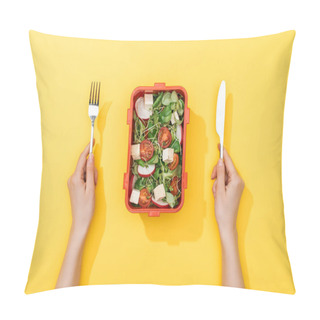 Personality  Cropped View Of Woman Holding Fork And Knife Over Lunch Box With Salad Pillow Covers