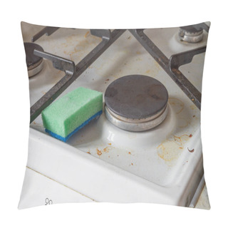 Personality  Dirty Stove In The Kitchen With A Cleaning Sponge With Detergent. Cleaning The Gas Stove At Home. Pillow Covers