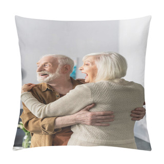 Personality  Happy Senior Couple Dancing, Laughing And Looking Away At Home Pillow Covers