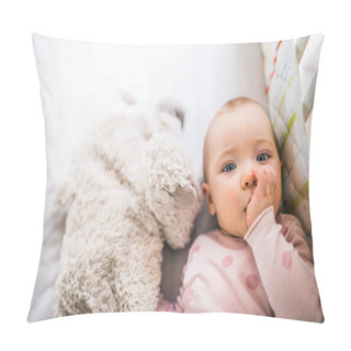 Personality  A Toddler Girl Lying In A Cot In The Bedroom At Home, A Finger In Her Mouth. Pillow Covers