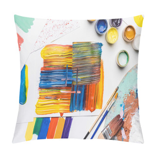 Personality  Top View Of Gouache Paints, Paintbrushes And Abstract Colorful Brushstrokes On Paper On White Background Pillow Covers