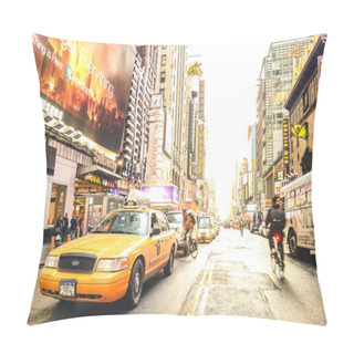 Personality  NEW YORK - MARCH 27, 2015: Yellow Taxi Cab And Everyday Life Near Times Square In Manhattan Downtown Before Sunset - Intersection Of 7th Avenue With 42nd Street - Warm Sunshine Filtered Color Tones Pillow Covers