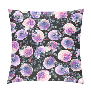 Personality  Watercolor Pink, Purple Roses And Elderberry Branches Seamless Pattern, Hand Painted On A Dark Background Pillow Covers