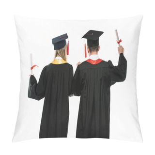 Personality  Back View Of Students Holding Diplomas Isolated On White Pillow Covers