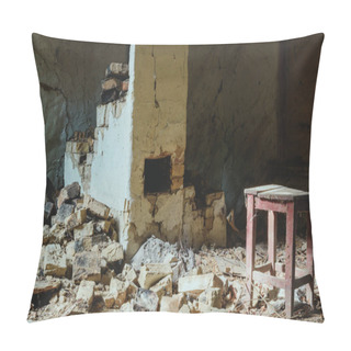 Personality  Abandoned Building With Broken Brick Wall And Wooden Chair With Dust Pillow Covers