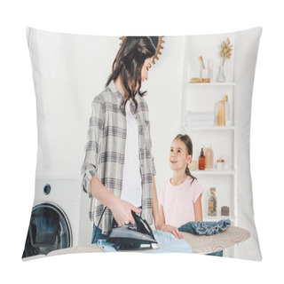Personality  Mother Ironing And Looking To Daughter Standing Near In Laundry Room Pillow Covers