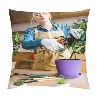 Personality  Selective Focus Of Young Woman In Gloves Cutting Green Leaves With Gardening Scissors  Pillow Covers