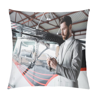 Personality  Bearded Man In Formal Wear Messaging On Smartphone Near Modern Helicopter Pillow Covers