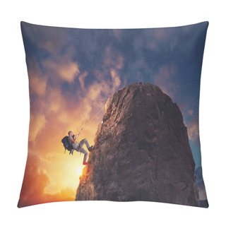Personality  Businessman Climb A Mountain To Get The Flag. Achievement Business Goal And Difficult Career Concept Pillow Covers