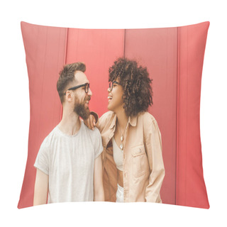 Personality  Beautiful Happy Young Multiethnic Couple In Eyeglasses Smiling Each Other Pillow Covers