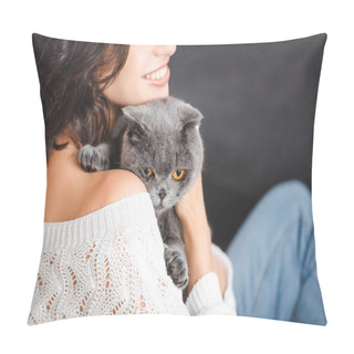 Personality  Close Up Of Woman With Grey Scottish Fold Cat   Pillow Covers