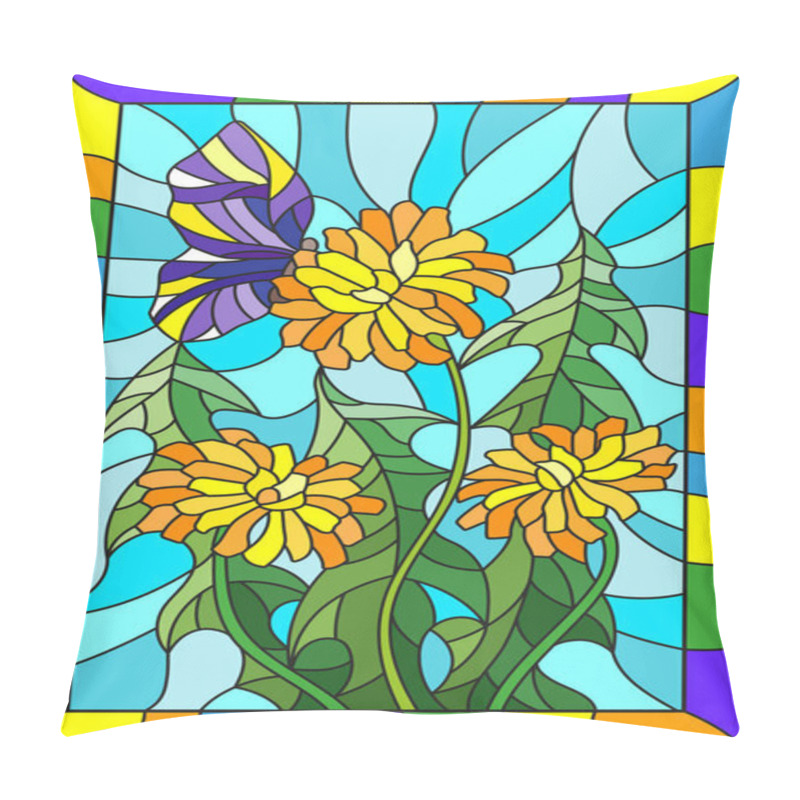 Personality  Illustration in stained glass style flower of Taraxacum and butterfly on a blue background in a bright frame pillow covers