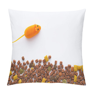 Personality  Top View Of Rubber Toy Near Cat Dry Food On White Background Pillow Covers