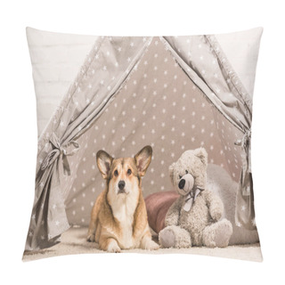 Personality  Cute Welsh Corgi Dog Lying In Wigwam With Teddy Bear At Home Pillow Covers