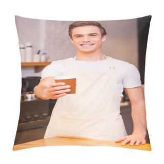 Personality  Male Barista Stretching Out Cup Of Coffee Pillow Covers