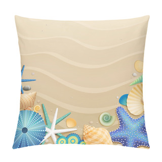 Personality  Shells And Starfishes On Sand Background Pillow Covers