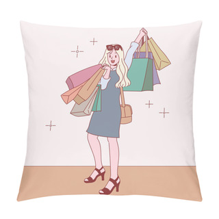Personality  Girl Carrying Lots Of Shopping Bags. Luxury Shopping. Hand Drawn Style Vector Design Illustrations. Pillow Covers