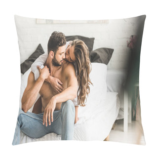 Personality  Selective Focus Of Two People In Love Hugging While Sitting In Bed Pillow Covers
