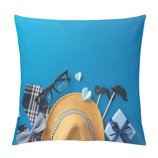 Personality  Creative Flat Lay Of Father's Day Gift Items Including A Stylish Straw Hat, Glasses, Bow Tie, And Mustache Props Against A Bold Blue Background Pillow Covers