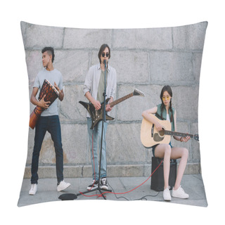 Personality  Young And Happy Street Musicians Band With Guitars And Djembe In City Pillow Covers