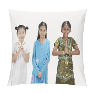 Personality  Girls In Traditional Clothing Smiling With Greeting Hand Gestures Pillow Covers