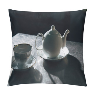 Personality  Vintage Teapot An Cup On Metal Surface In Dark Room Pillow Covers