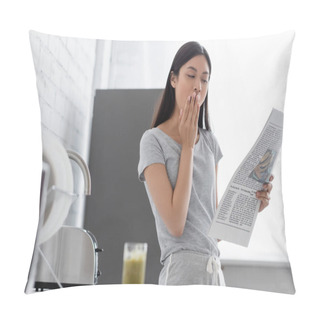 Personality  Sleepy Asian Girl Yawning While Reading Morning Newspaper In Kitchen  Pillow Covers