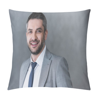 Personality  Portrait Of Handsome Businessman In Formal Wear Smiling At Camera On Grey  Pillow Covers