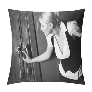 Personality  Young Woman Touching Old Door Pillow Covers