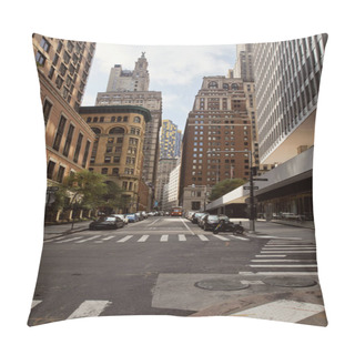 Personality  Cars Parked On Wide Roadway Near Modern And Vintage Budlings In New York City, Urban Landscape Pillow Covers
