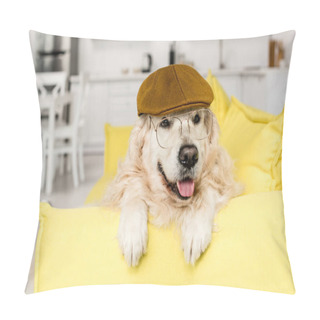 Personality  Cute Golden Retriever In Cap And Glasses Lying And Looking Away  Pillow Covers