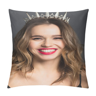 Personality  Positive Young Woman In Tiara With Diamonds On Grey Pillow Covers
